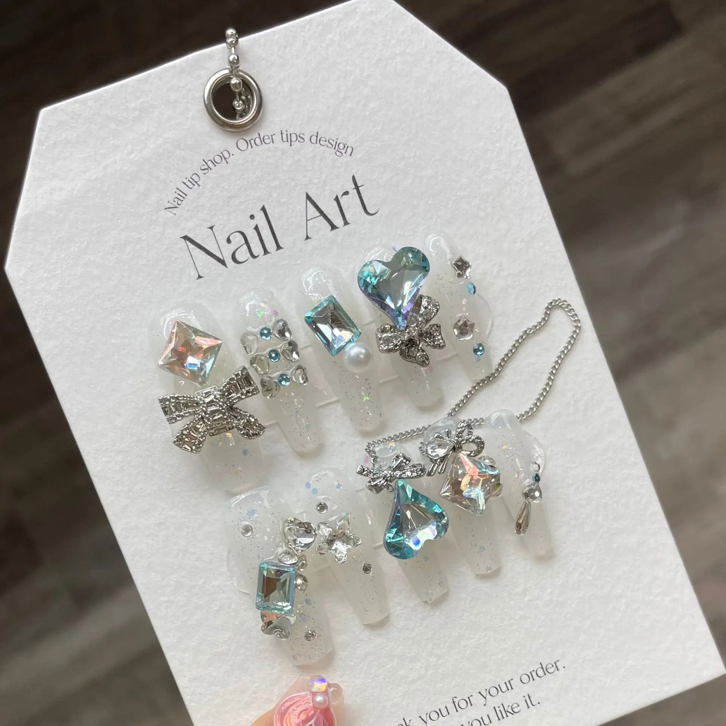 10pcs Green Long-pointed Press On Nails For Wedding Flash Gold Foil Chain Decors Luxury False Nails New Year French Fake Nail
