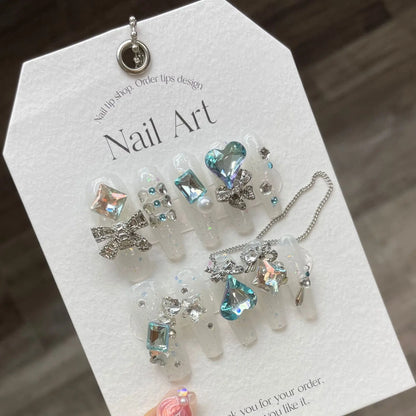 10pcs Green Long-pointed Press On Nails For Wedding Flash Gold Foil Chain Decors Luxury False Nails New Year French Fake Nail
