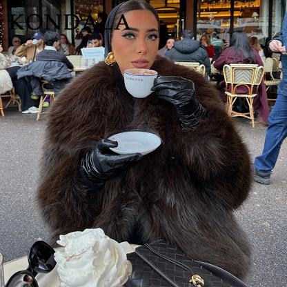 KONDALA 2025 Fall Winter Casual Faux Fur Brown Women Warm Jackets Streetwear Turn Down Collar Christmas Oversized Elegant Coats