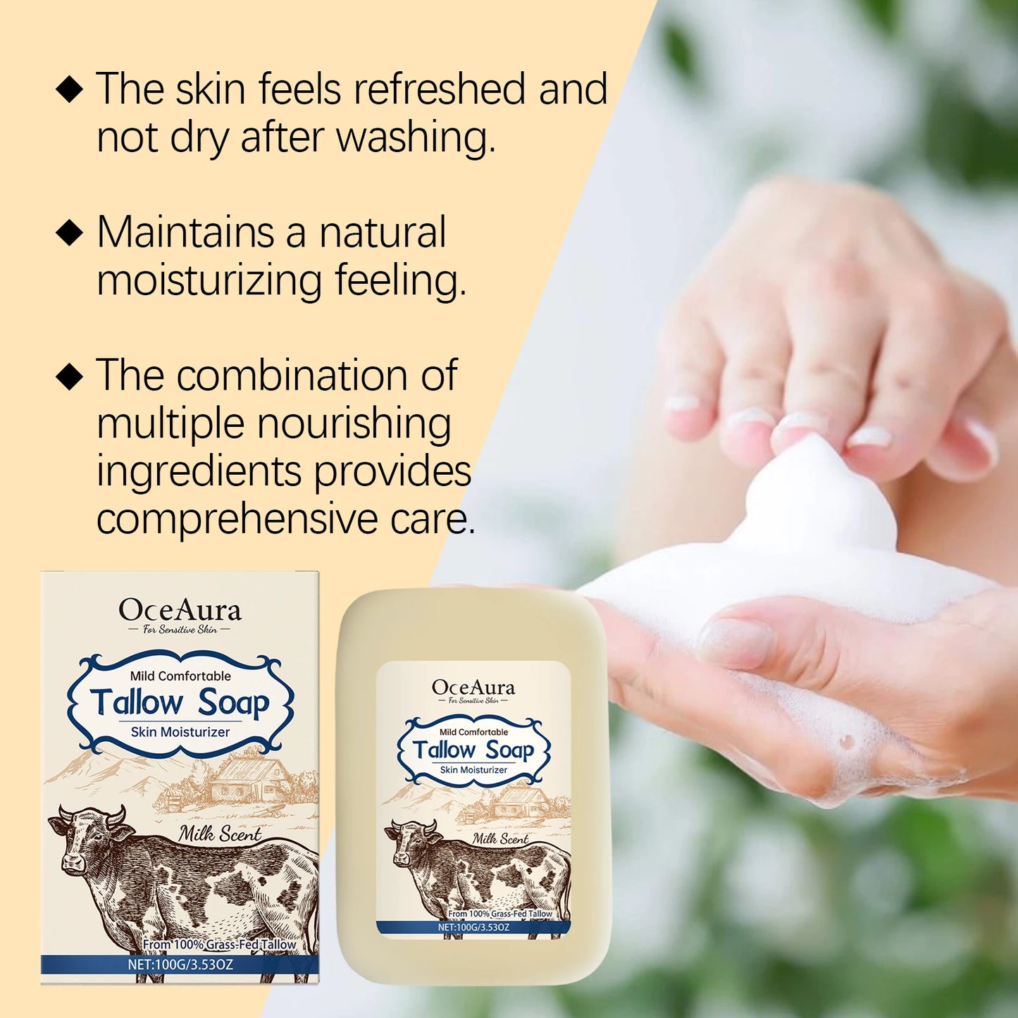 OceAura Grass Fed Beef Tallow Soap Professional Skin Cleaning Oil Control Smooth Skin Moisturizer Natural Organic Body Soap Bar
