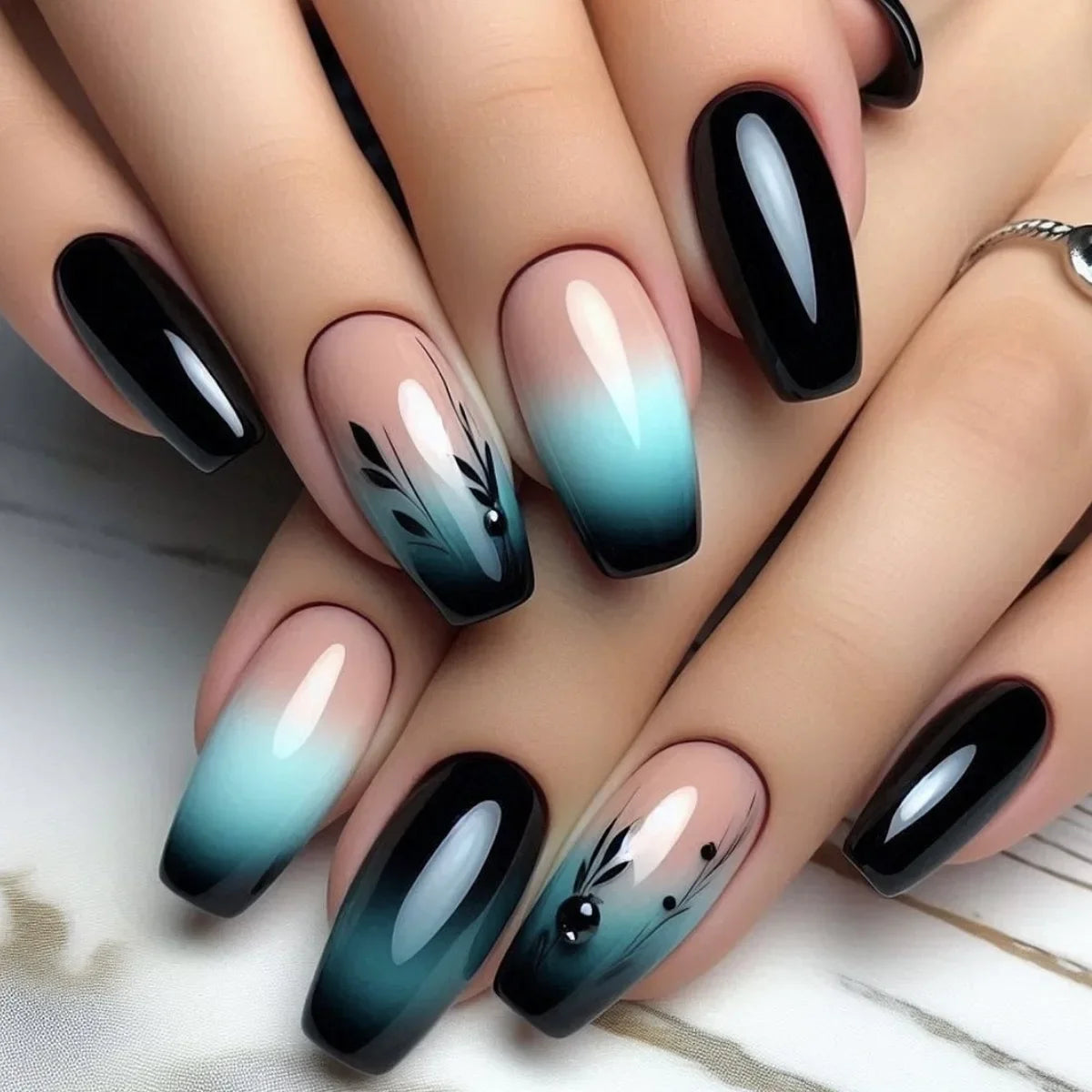 24Pcs Dark Blue Square Head Press on False Nails 3D Ocean Mid-length Fake Nail Wearable Finished Manicure Full Cover Nail Tips