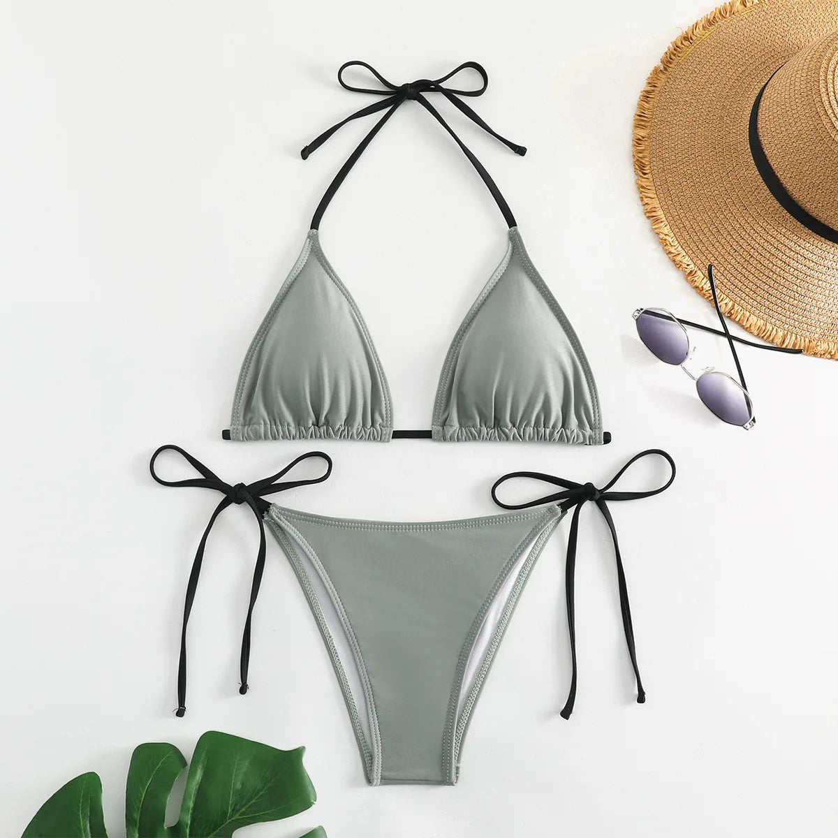 Bikini three-point swimsuit sexy drawstring strap halter bikini solid color lace-up split swimsuit