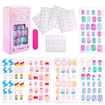 120Pcs/box Cartoon Girl Fake Nail Tips 5-12Year Cute Princess Cat/Rabbit/Unicorn Press-On Nail DIY Kawaii Girl Manicure Tip