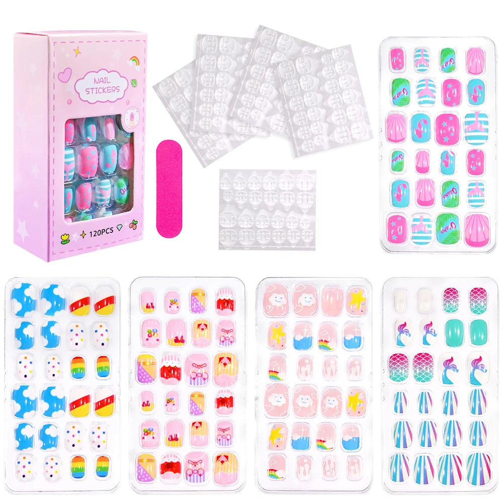 120Pcs/box Cartoon Girl Fake Nail Tips 5-12Year Cute Princess Cat/Rabbit/Unicorn Press-On Nail DIY Kawaii Girl Manicure Tip