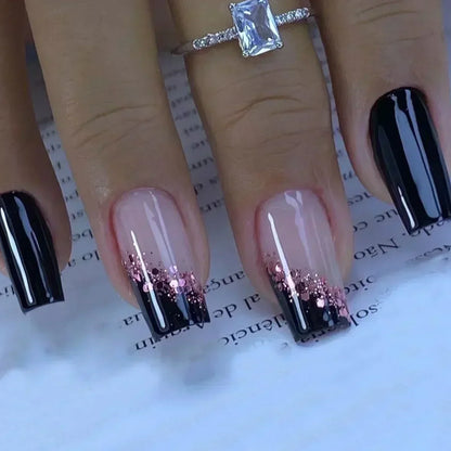 24Pcs Medium Short Square False Nails Glittering Nail Art White Wearable Fake Nail Silver French Full Cover Press on Nail Tips