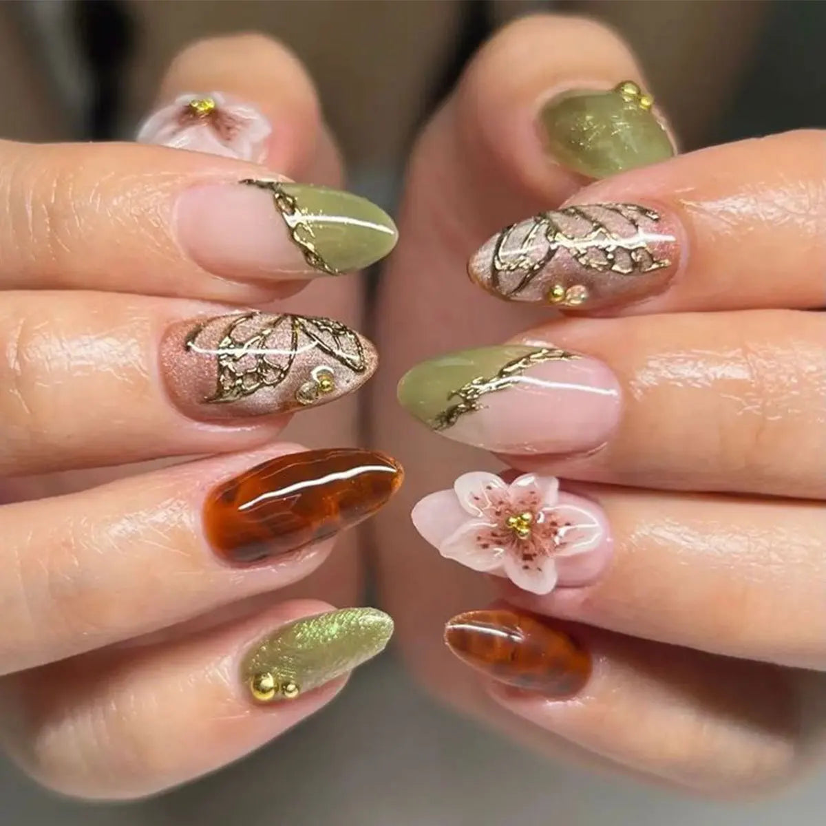24PCS Pink Almond Press on Nails Full Cover Carved Flower 3D Ripples French Fake Nails for Women with Golden Pearl Wearable Nail