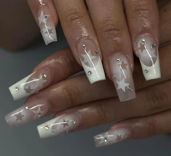 24Pcs Pearl heart Press on Nails Cross French Long Style Fake Nail for Women&Girl Removable Wearable Nail Art