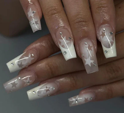 24Pcs Pearl heart Press on Nails Cross French Long Style Fake Nail for Women&Girl Removable Wearable Nail Art