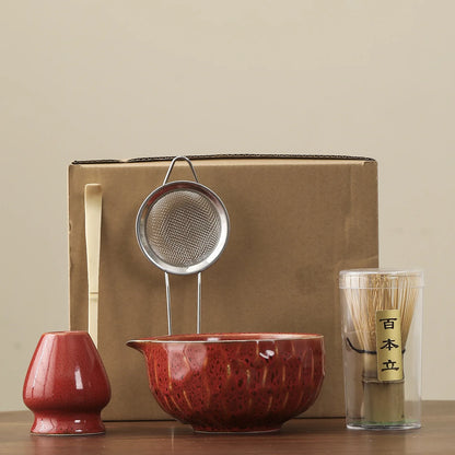 1set of Japanese matcha ceramic set, including kiln transformation matcha bowl, whisk, Hyakubon stand, matcha blender, gift