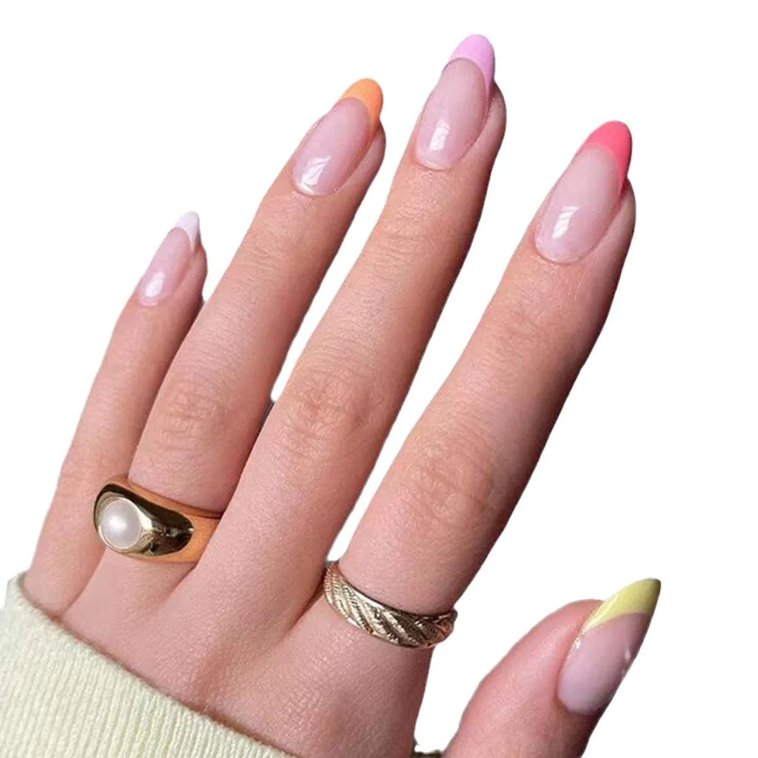Trend Popular 24Pcs/Set Women Girls Long Oval Shaped French Colorful stripes Full Coverage Wearable Fake Nail Press on Nail Art