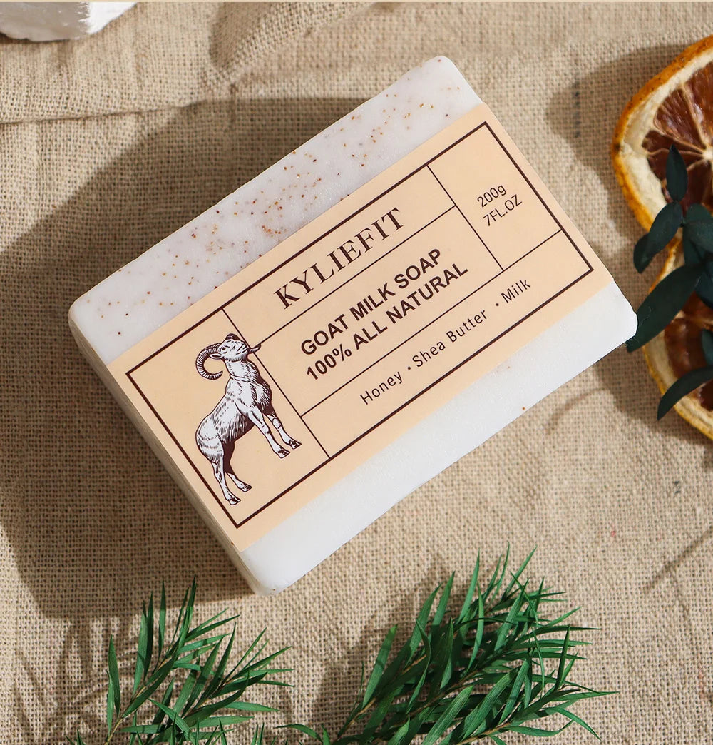 KYLIEFIT Goat Milk Brightening Soap Bar, Remove Spots, Natural, Lightening, Cleaning, Moisturize, With Honey, Shea Butter, 200g