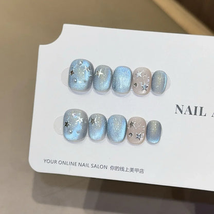 New 10Pcs INS Short Handmade Press on Nails Blue Cat Eye Star Fake Nails Wearable Stick-on Nails Full Cover False Nail