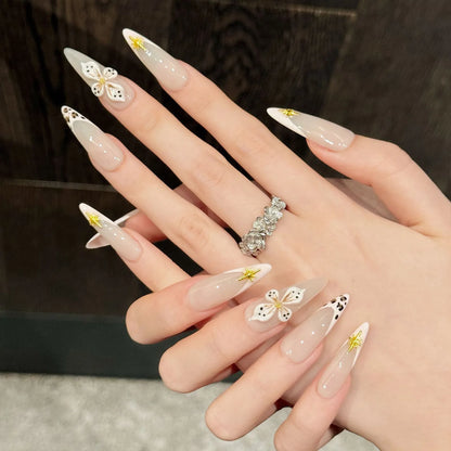 Handmade Press On Nails Almond False Nails 3D Flower Decor Fashion Glitter Nail Art Wearable French Leopard French Fake Nails
