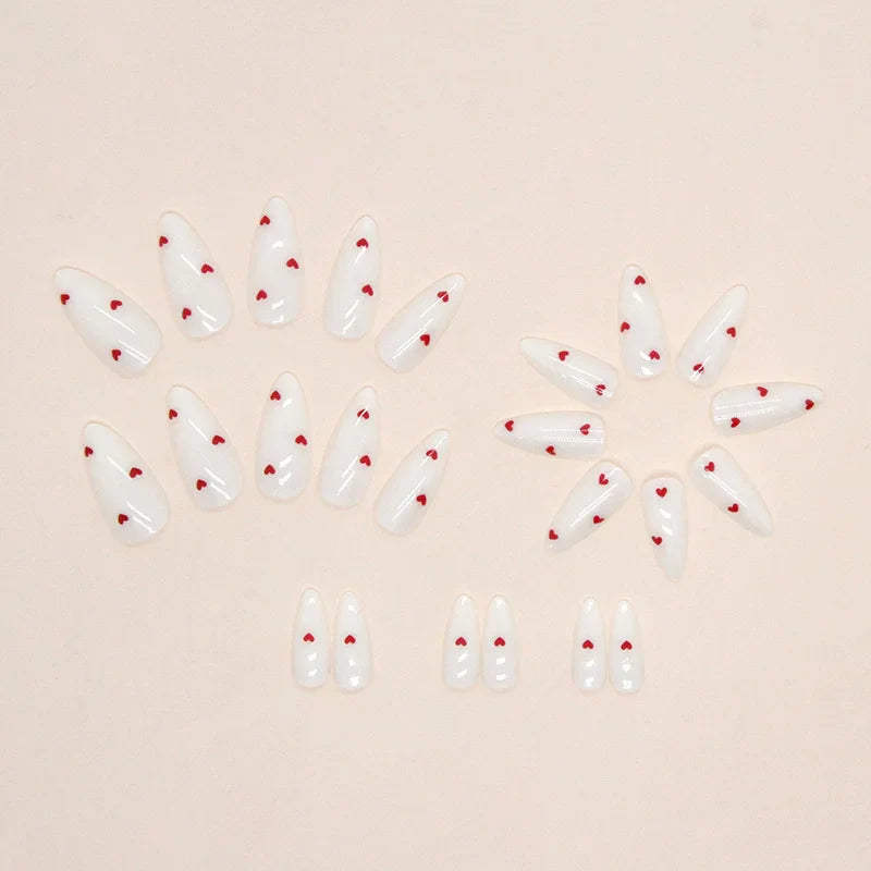 24PCS- white almond fake nails, red love pattern decoration, exquisite elegance, fashion generous, suitable for dating, dinner,