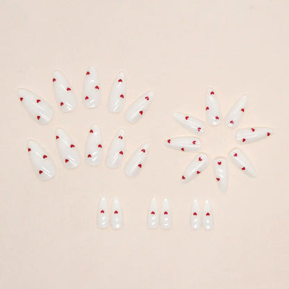 24PCS- white almond fake nails, red love pattern decoration, exquisite elegance, fashion generous, suitable for dating, dinner,