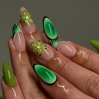 Pink Magic Mirror French 3D Flowers Nail Art Fashion Almond Wearable False Nails Detachable Finished Fake Nails Press on Nails