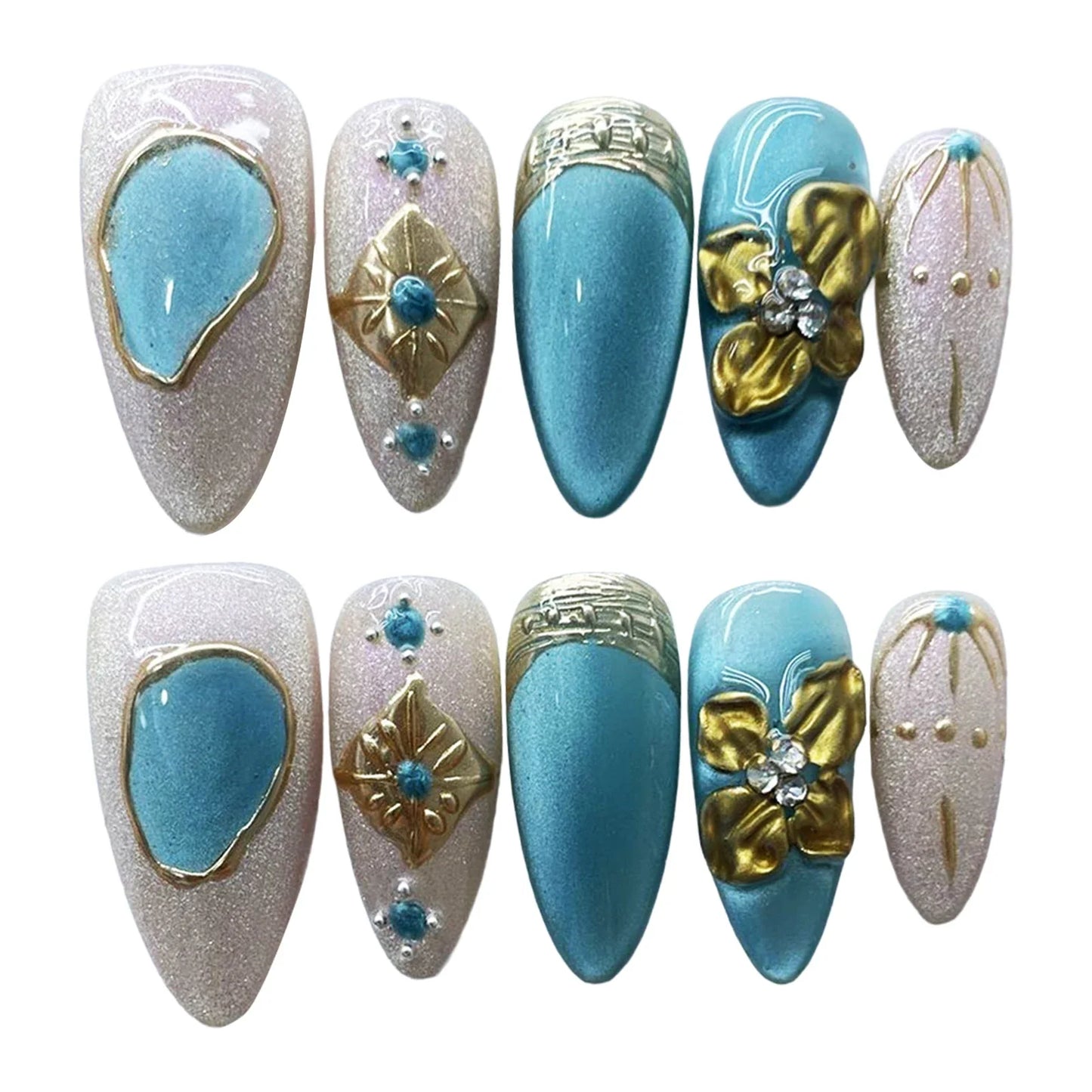 10PCS Handmade Almond Fake Nails With Carved 3D Floral Cat Eyes Pearl Brown Fake Nails Long Oval False Nail Wearable
