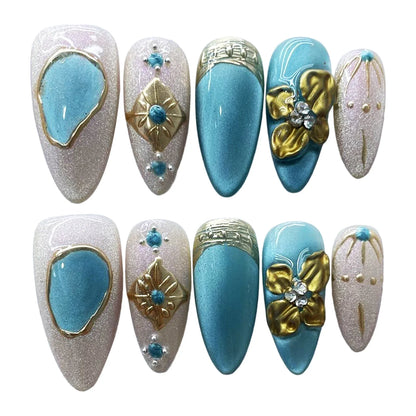 10PCS Handmade Almond Fake Nails With Carved 3D Floral Cat Eyes Pearl Brown Fake Nails Long Oval False Nail Wearable