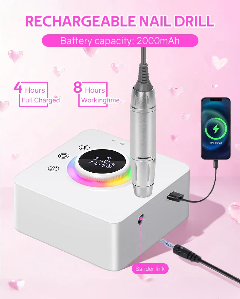 DianaBeauty 45000RPM Rechargeable Nail Drill Machine Nail Polish Polisher Electric Manicure Sander Low Noise Nail Salon Tools