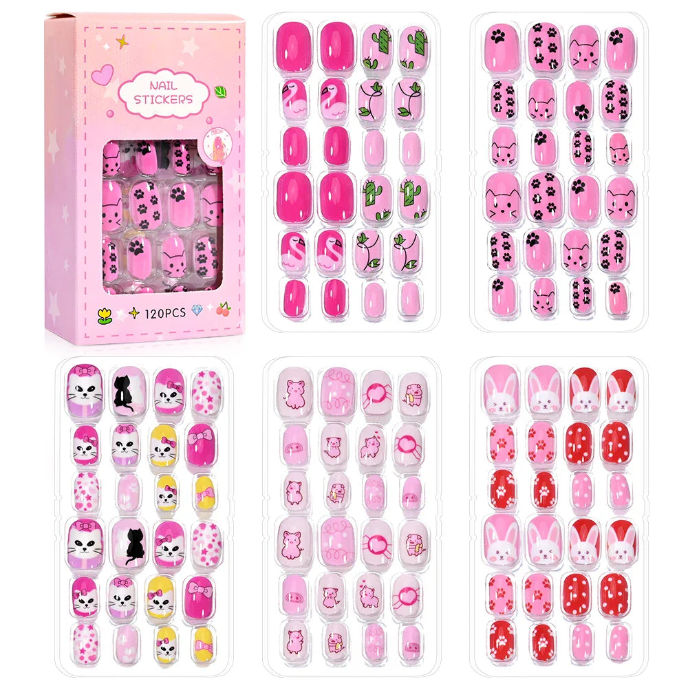 120Pcs/box Cartoon Girl Fake Nail Tips 5-12Year Cute Princess Cat/Rabbit/Unicorn Press-On Nail DIY Kawaii Girl Manicure Tip