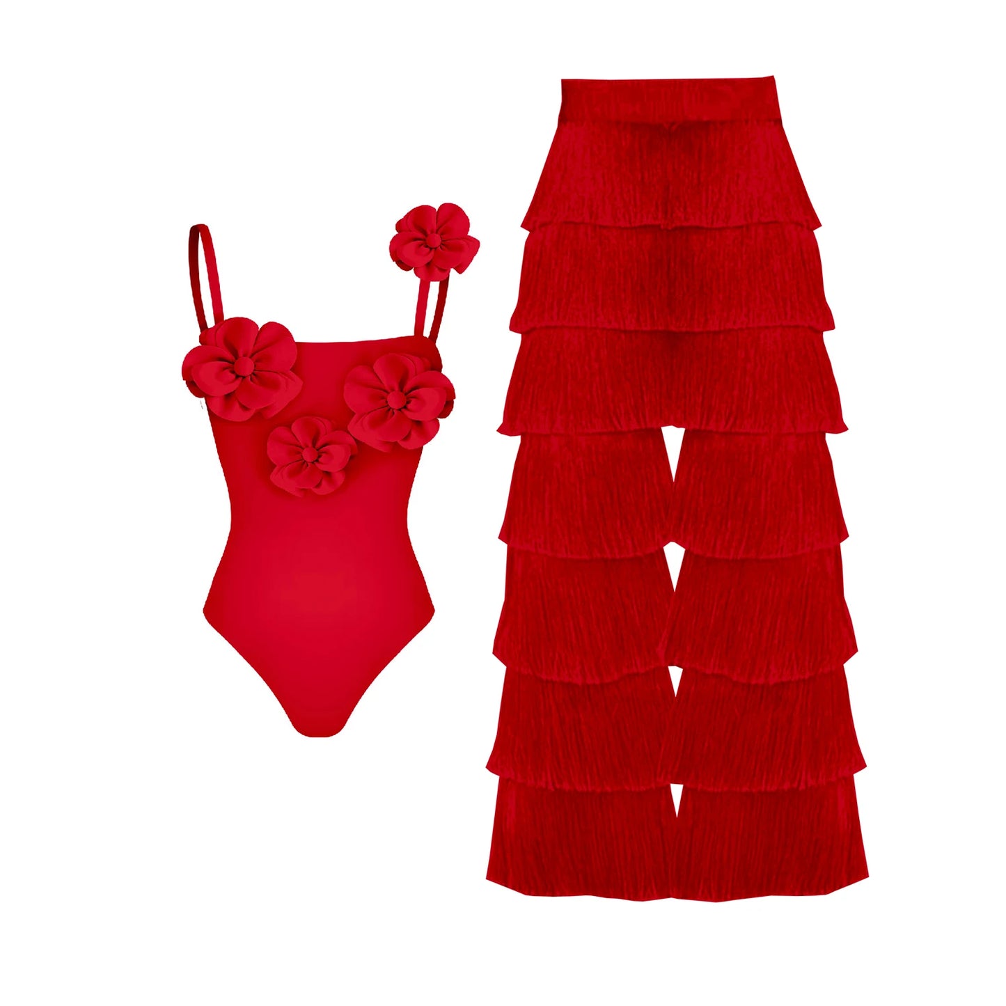 2025 Solid Red Flower One Piece Swimsuit Luxury Women Swimwear Sexy Swim Suit Deep V Monokini Off Shoulder Bodysuit Bathingsuit