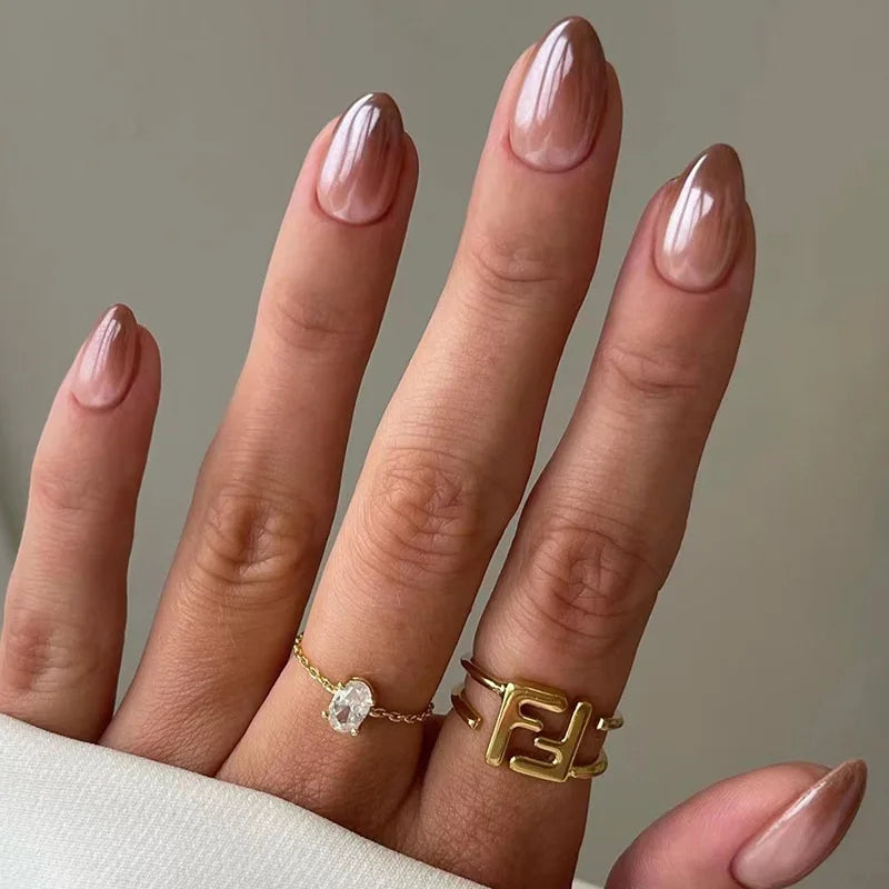 24Pcs Solid Color Grey Almond Fake Nail Cat's Eye Design Wearable Round Head False Nails with Shiny Powder Press on Nails