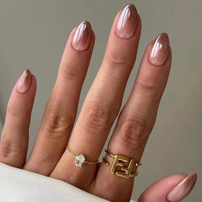 24Pcs Solid Color Grey Almond Fake Nail Cat's Eye Design Wearable Round Head False Nails with Shiny Powder Press on Nails