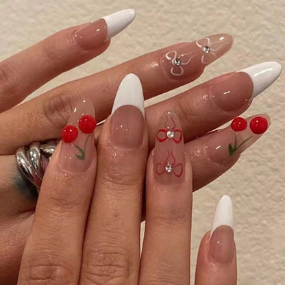 24pcs Pink Fake Nail Patch Sweet Korean Style False Nails Full Cover Wear White Bow Decortive Press on Nails for Girls Women