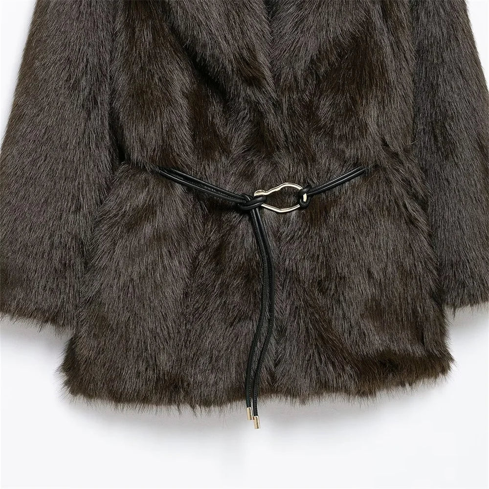 Women's Belt Decoration Collar Solid Color Medium Long Coat Autumn/Winter New Long Sleeve Loose Coat