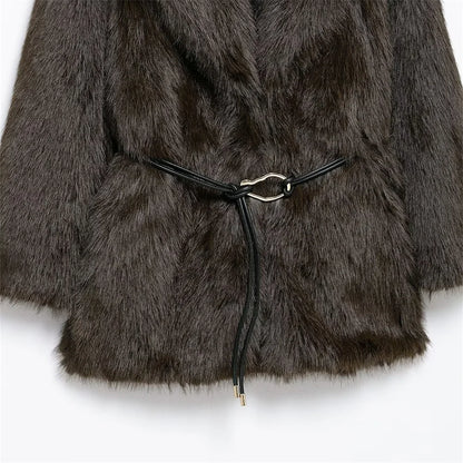 Women's Belt Decoration Collar Solid Color Medium Long Coat Autumn/Winter New Long Sleeve Loose Coat