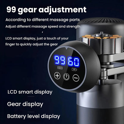 Portable Massage Gun with 8 Heads 99 Speed Levels High Power Muscle Relaxation for Athletes and Fitness Enthusiasts