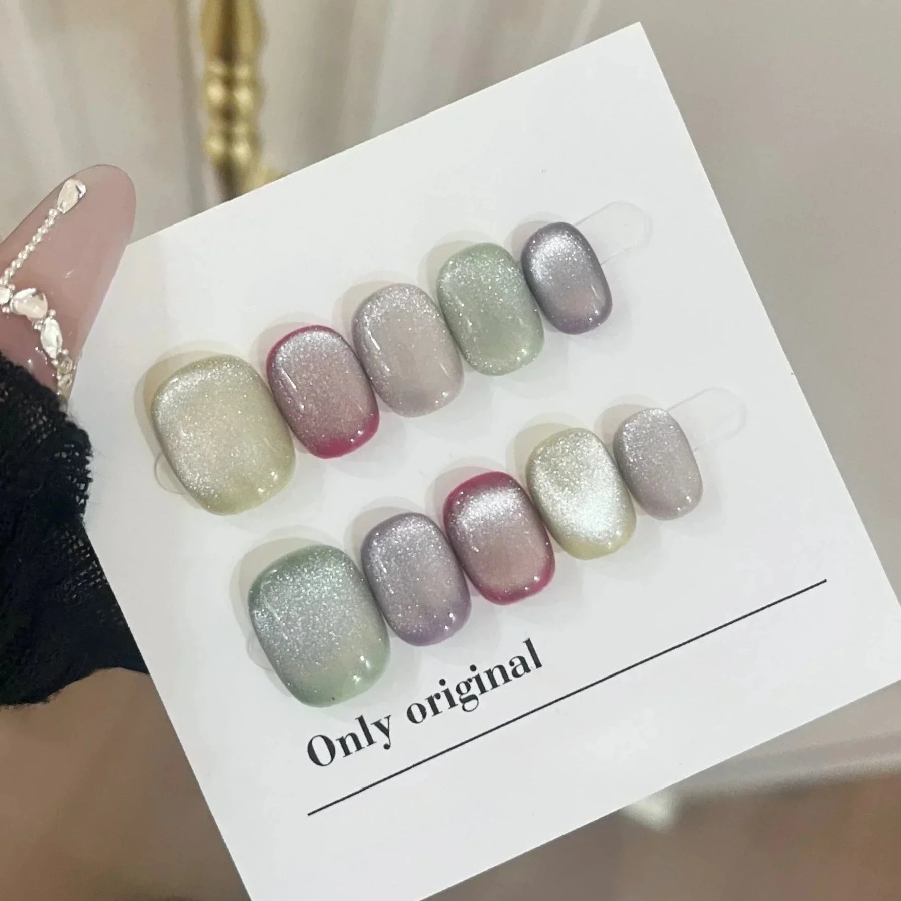 10Pcs Short Handmade Press On Nails Full Cover Flower Design Summer Colorful Rhinestone False Nails Wearable Manicure Nail Tips