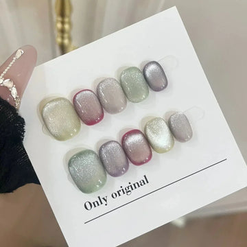 10Pcs Short Handmade Press On Nails Full Cover Flower Design Summer Colorful Rhinestone False Nails Wearable Manicure Nail Tips