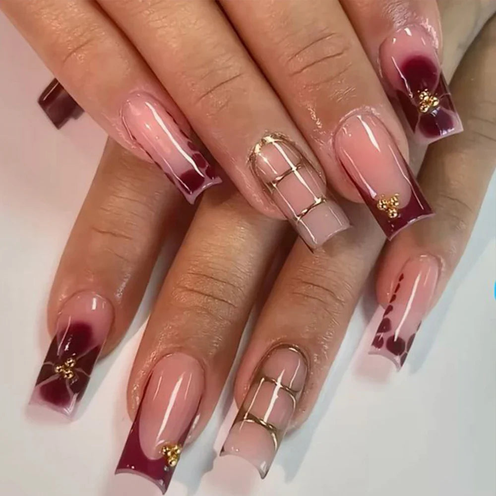 24Pcs Retro Flower Long Coffin French Fake Nails Caviar Bead Floral Gold Hollow Design Press On Nail Tips Y2k Acrylic False Nail
