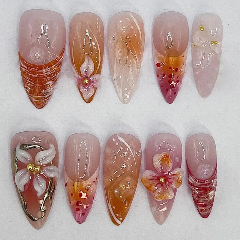 24pcs Gold Pink Flower Press On Nails Glossy Almond Autumn Wearable Fake Nails With Pearl Gold Ball Decor Ballet False Nail Tips