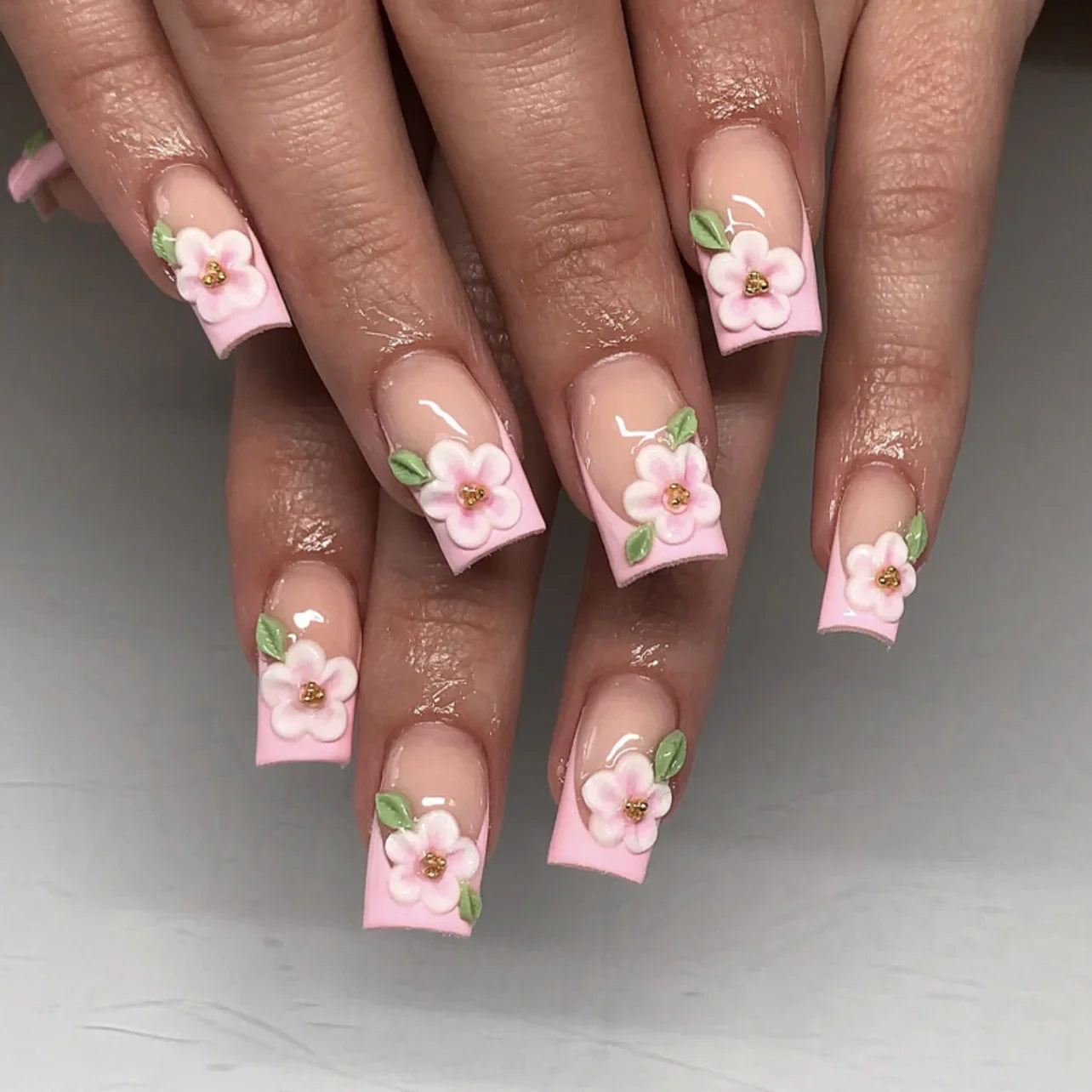 24pcs Short Square Amber Flower Fake Nail with Glue Wearable Autumn Designs Press on Nails Full Cover  Acrylic False Nails Tips