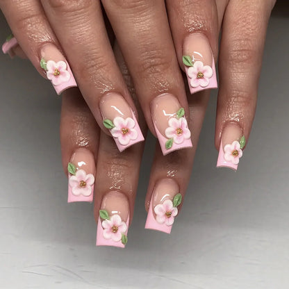 24pcs Short Square Amber Flower Fake Nail with Glue Wearable Autumn Designs Press on Nails Full Cover  Acrylic False Nails Tips