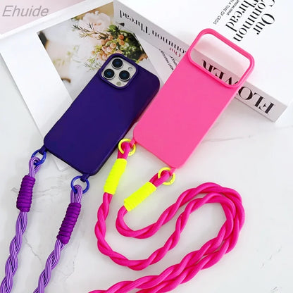 Shockproof Candy Lanyard Case For iPhone 17 Pro Max 14 12 11 13 15 16 Plus Air Crossbody Neck Cord Rope Strap Soft TPU Cover