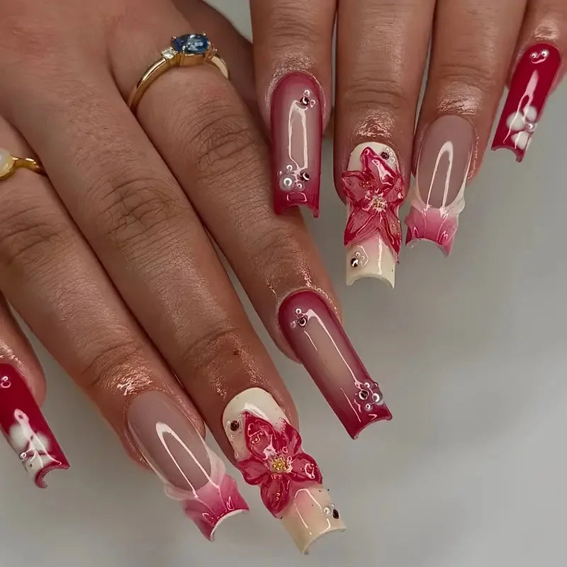 24pcs Mid-length Press on Nails Pink French Full Cover Flower Design Fake Nail Reusable Pearl False Nail with Jelly Glue Nails