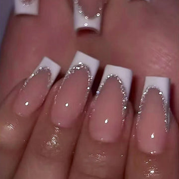 24Pcs Short Square Coffin False Nails French Glitter Wearable Fake Nails Acrylic Full Cover Women Ballet Press on Nails Tips