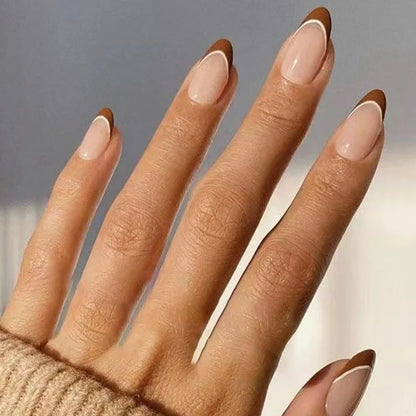 24Pcs Long Almond Fake Nails with White Edge Design Wearable French Press on False Nails Simple Full Cover Nail Tips Manicure