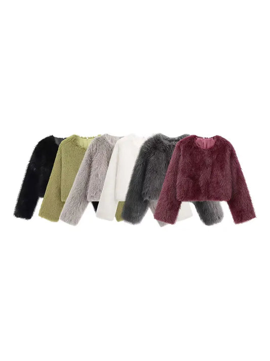 Women's Thick Warm Faux Fur Cropped Jacket, O Neck, Long Sleeve, Female Outerwear, Chic Tops, Fashion