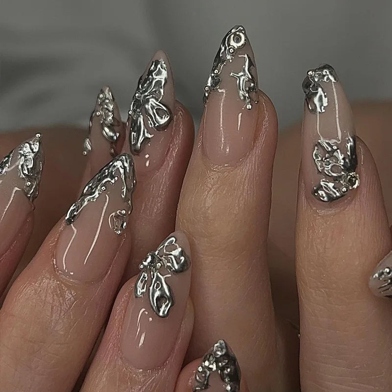 24PCS Simple Nude Almond Fake Nail with Glue Silver Star Patterns French Press on Nail Full Cover Ins Style Wearable False Nail