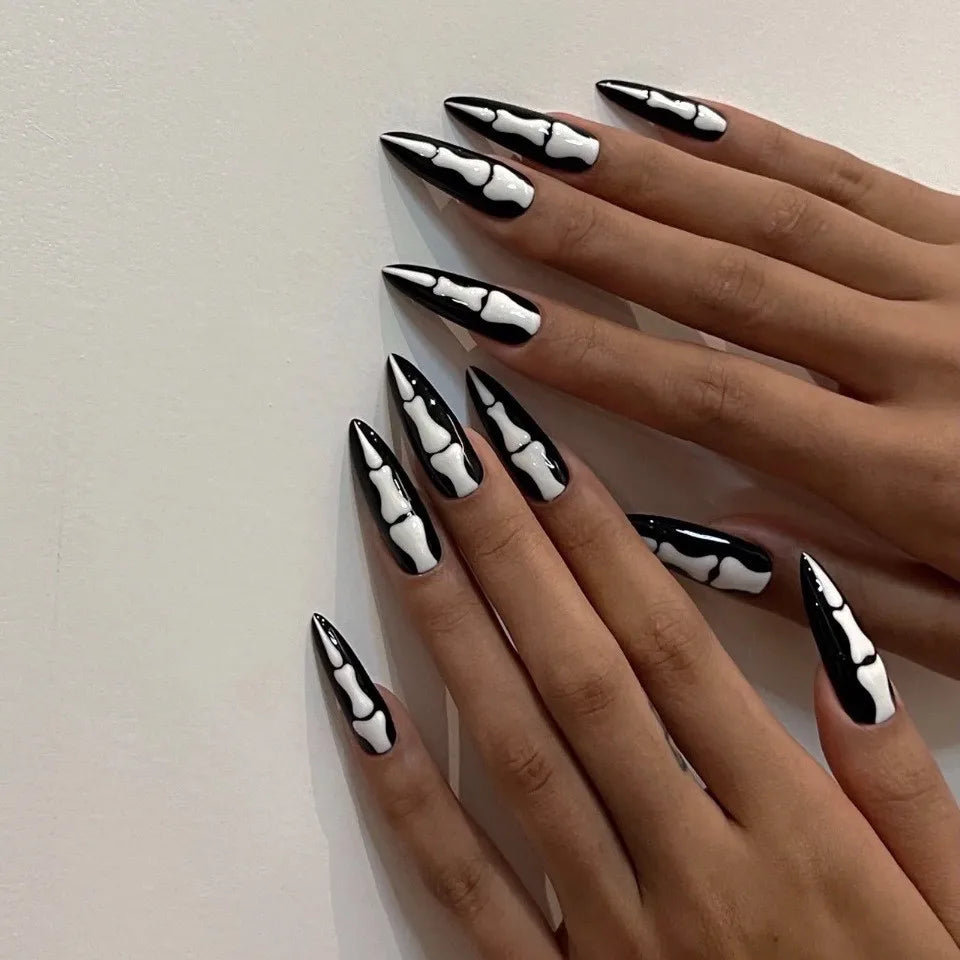 24Pcs Horror Comic Tomie Press on Nails Almond Glossy Black Japanese Anime Nails Reusable Halloween False Nail Tips for Girls