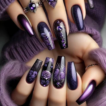 Purple Flower Press on Nails 24Pcs Almond/Coffin Wearable Fake Nails Flower Printed Woman DIY Manicure Acrylic False Nails Tips