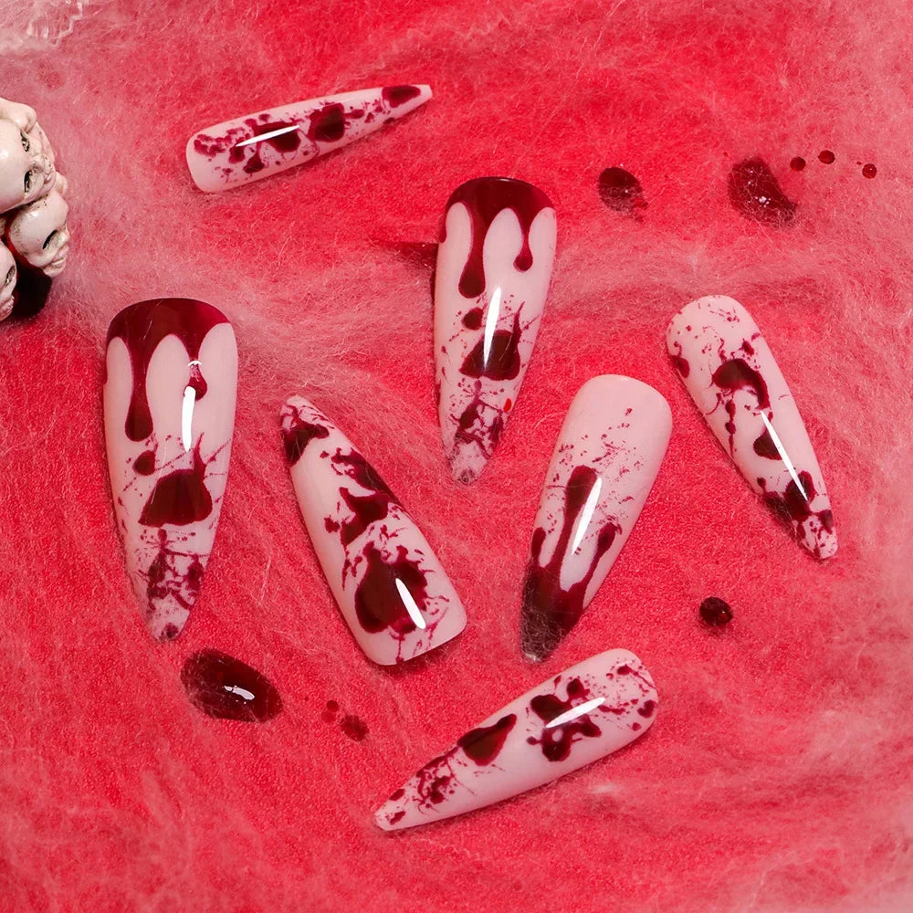 24pcs Blood Splatter Press-On Nails Set Almond-Shaped Long Length Glossy Finish Red and White Faux Nail Kit for Women Halloween