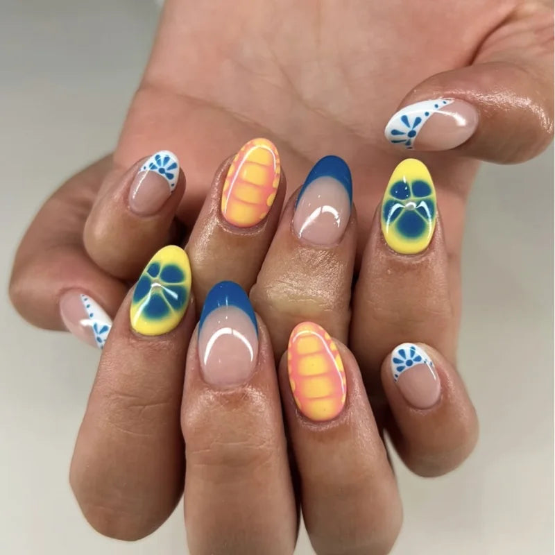 24pcs Women'S Nail Set Burgundy Almond Shape Medium Length Solid Color with Floral Golden Dust Design Fake Nails for Women/Girls