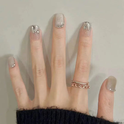 24Pcs Glitter Diamond Press On Nails Sweet Cute Girl Acrylic Nails Full Cover Short Square Fake Nails Wearable Manicure Nail Tip