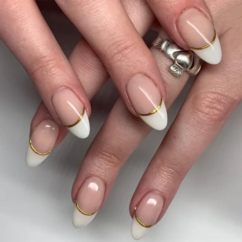 Nude Color Press On Nails 24Pcs Short Almond Fake Nails White French Tip Wearable False Nails Patches Women Girls DIY Manicure