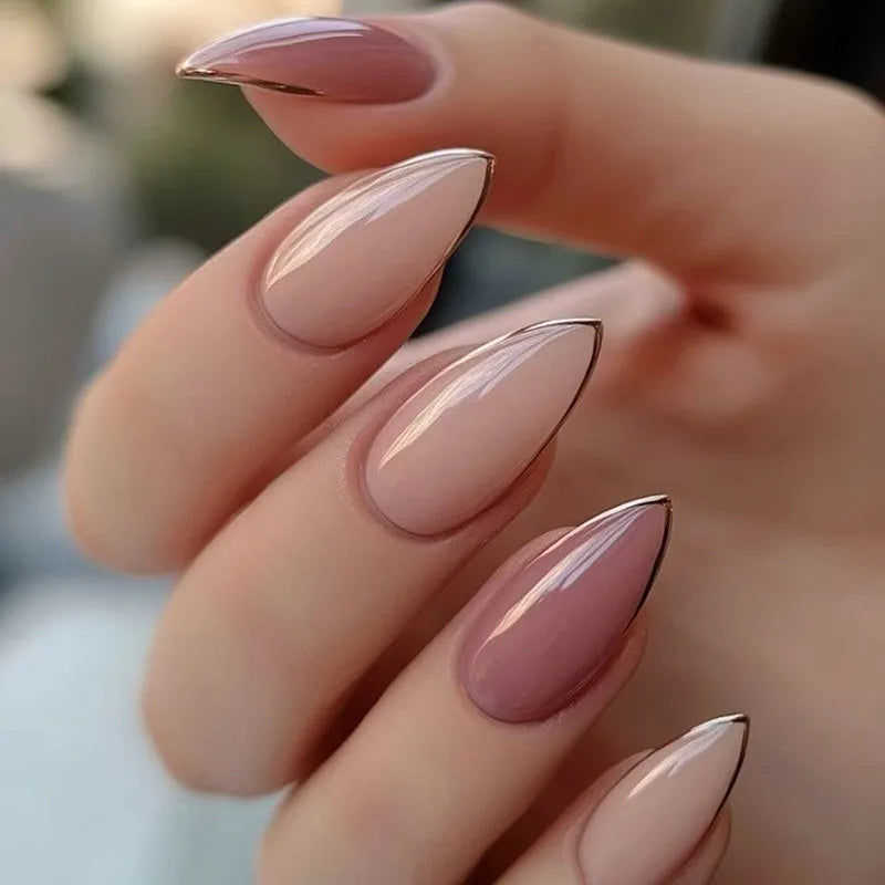 24pcs French Fake Nails Finished Almond Nails Sets with Golden Bow Design False Nail Art Simple Datachable Press on Nails Tips